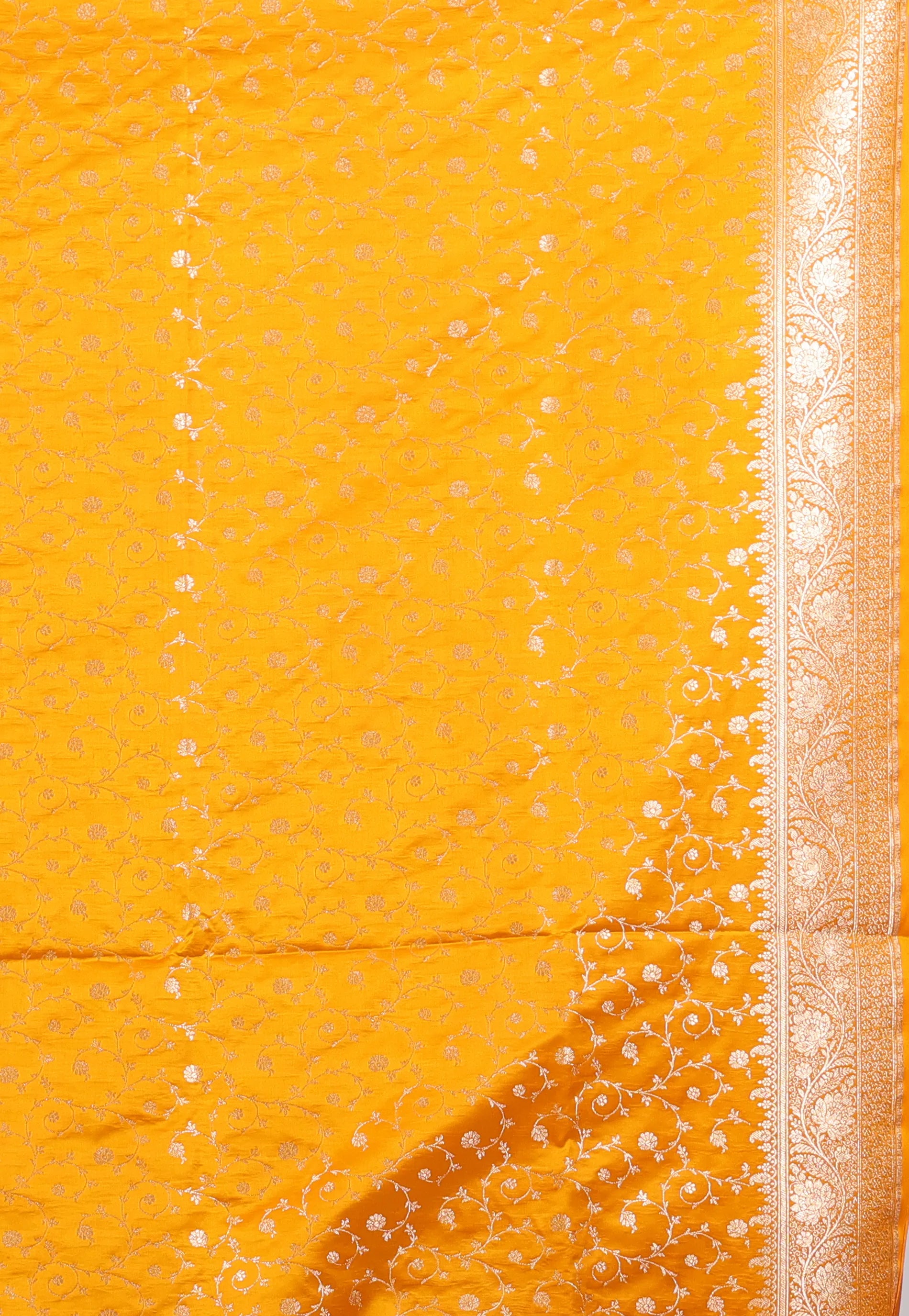 Beige with Yellow Border Pastel Banarasi Saree With Blouse Piece - Adi Akshoy & Co.