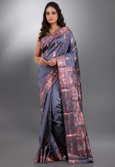 Grey Pure Baluchari Silk Saree with Blouse Piece - Adi Akshoy & Co.