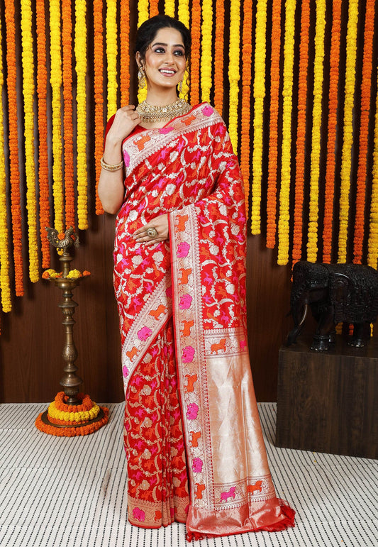 Red Minakari Kadwa Pure Silk Banarasi Saree with Blouse Piece - Adi Akshoy & Co.