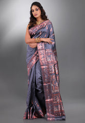 Grey Pure Baluchari Silk Saree with Blouse Piece - Adi Akshoy & Co.