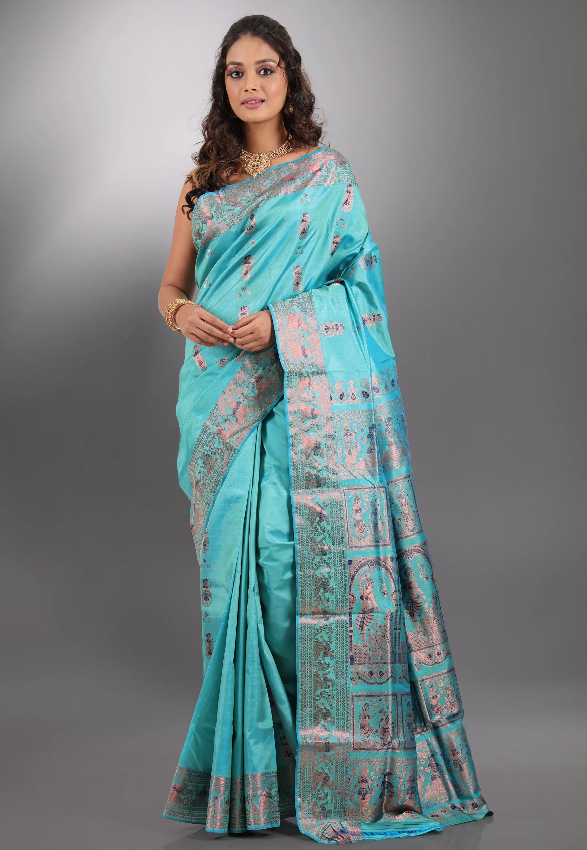 Sea Green Pure Baluchari Silk Saree with Blouse Piece - Adi Akshoy & Co.