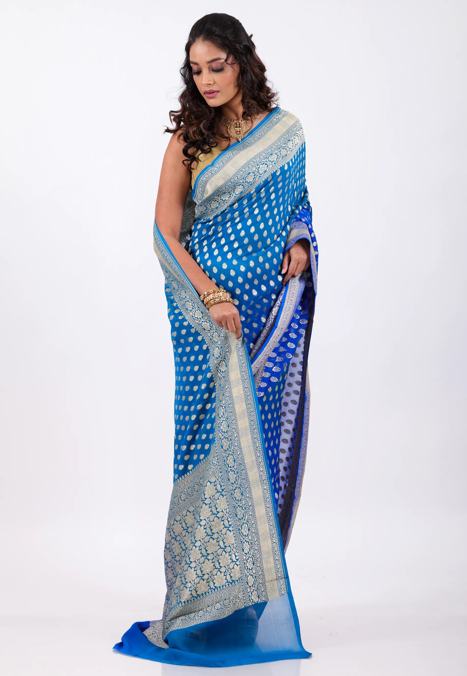 Blue with Zari work Khaddi Georgette Benarasi Saree with Blouse Piece - Adi Akshoy & Co.