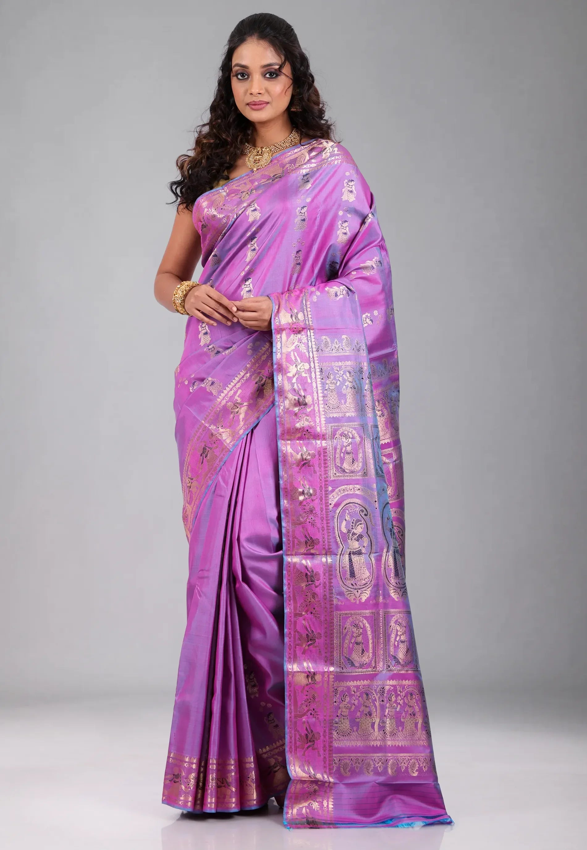 Dual Shades of Pink & Purple Pure Baluchari Silk Saree with Blouse Piece - Adi Akshoy & Co.