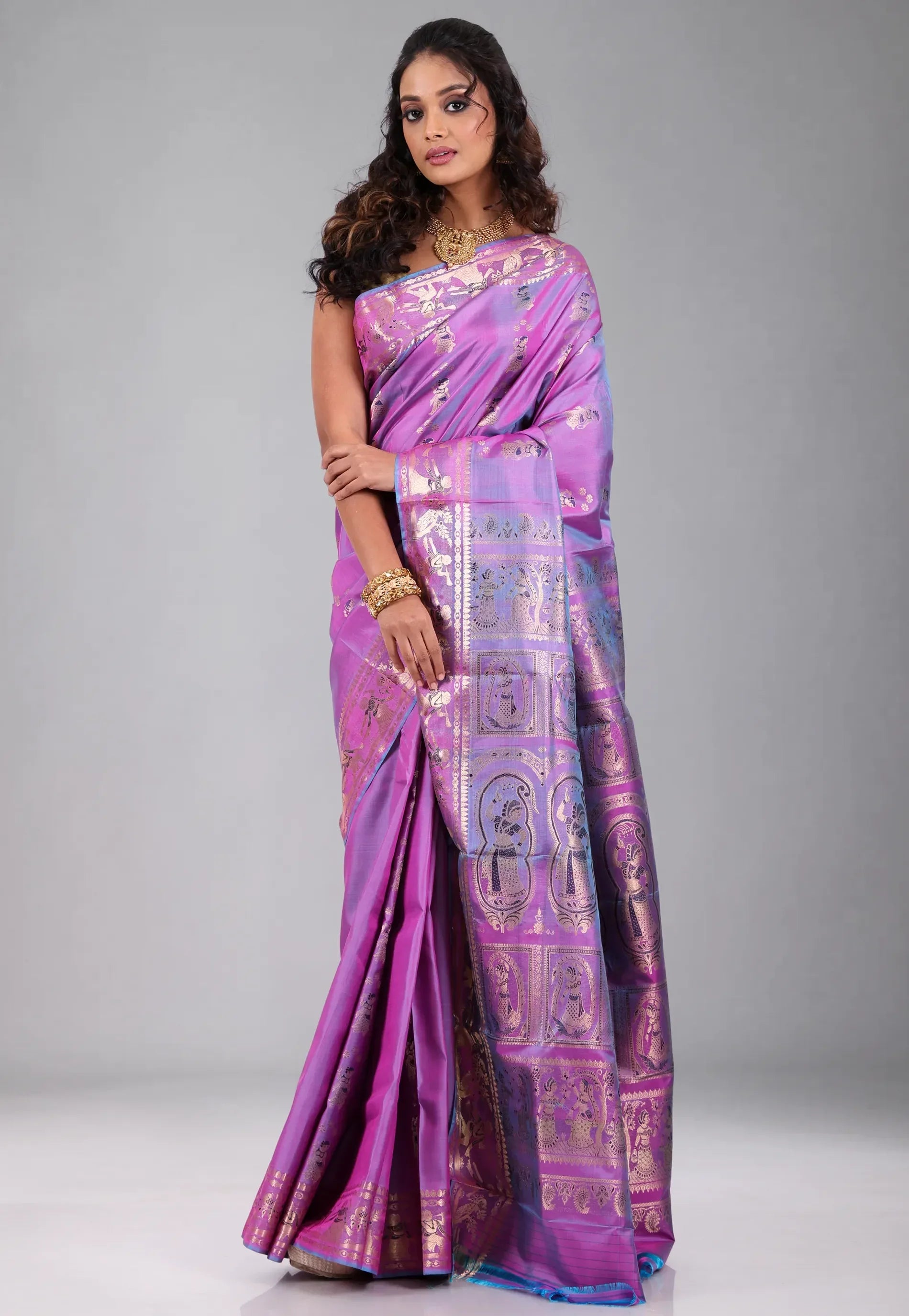 Dual Shades of Pink & Purple Pure Baluchari Silk Saree with Blouse Piece - Adi Akshoy & Co.