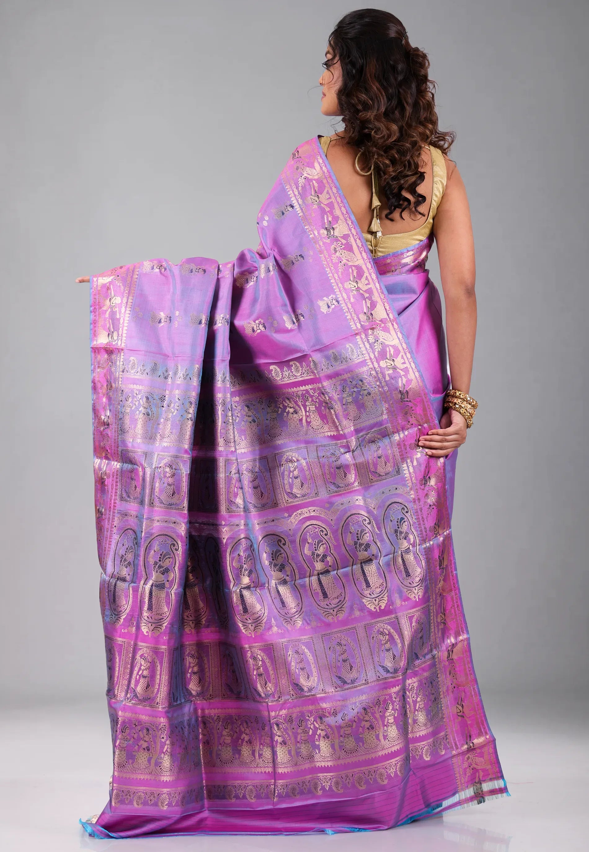 Dual Shades of Pink & Purple Pure Baluchari Silk Saree with Blouse Piece - Adi Akshoy & Co.