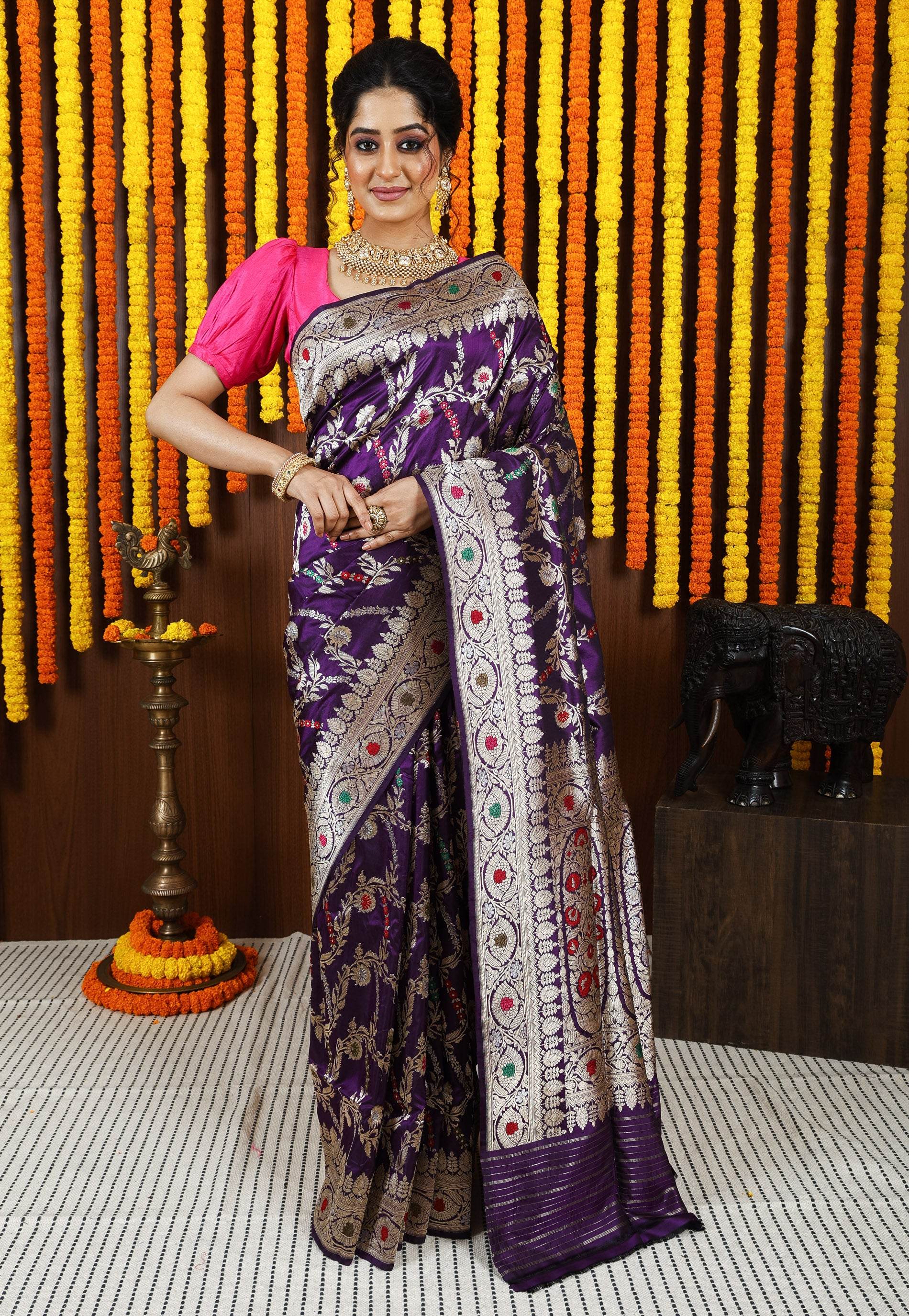 Purple Minakari Kadwa Pure Silk Banarasi Saree with Blouse Piece - Adi Akshoy & Co.