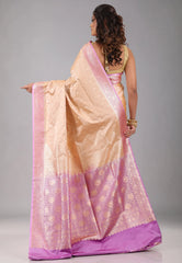 Beige with Purple Border Pastel Banarasi Saree With Blouse Piece
