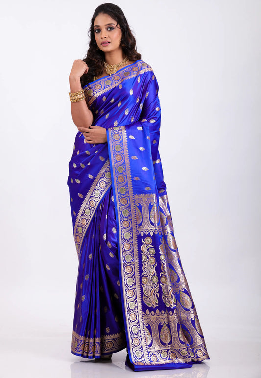 Royal Blue with Zari work Wedding Banarasi Saree with Blouse Piece - Adi Akshoy & Co.