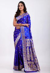 Royal Blue with Zari work Wedding Banarasi Saree with Blouse Piece - Adi Akshoy & Co.