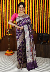 Purple Minakari Kadwa Pure Silk Banarasi Saree with Blouse Piece - Adi Akshoy & Co.