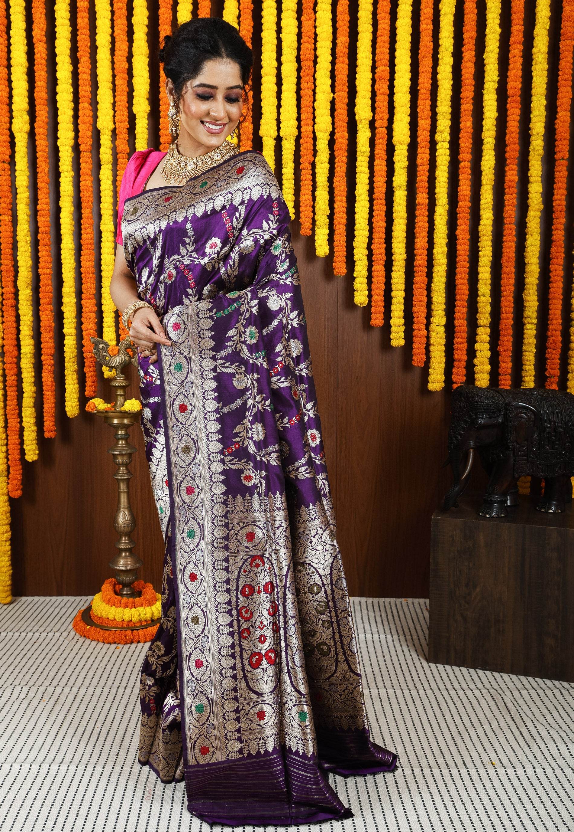 Purple Minakari Kadwa Pure Silk Banarasi Saree with Blouse Piece - Adi Akshoy & Co.