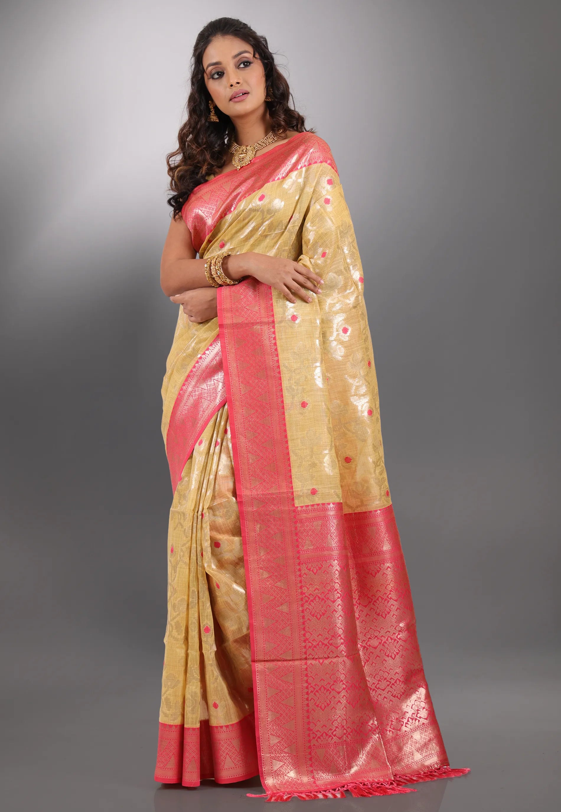 Beige with Zari work Tussar Silk Saree with Blouse Piece - Adi Akshoy & Co.
