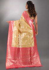 Beige with Zari work Tussar Silk Saree with Blouse Piece - Adi Akshoy & Co.