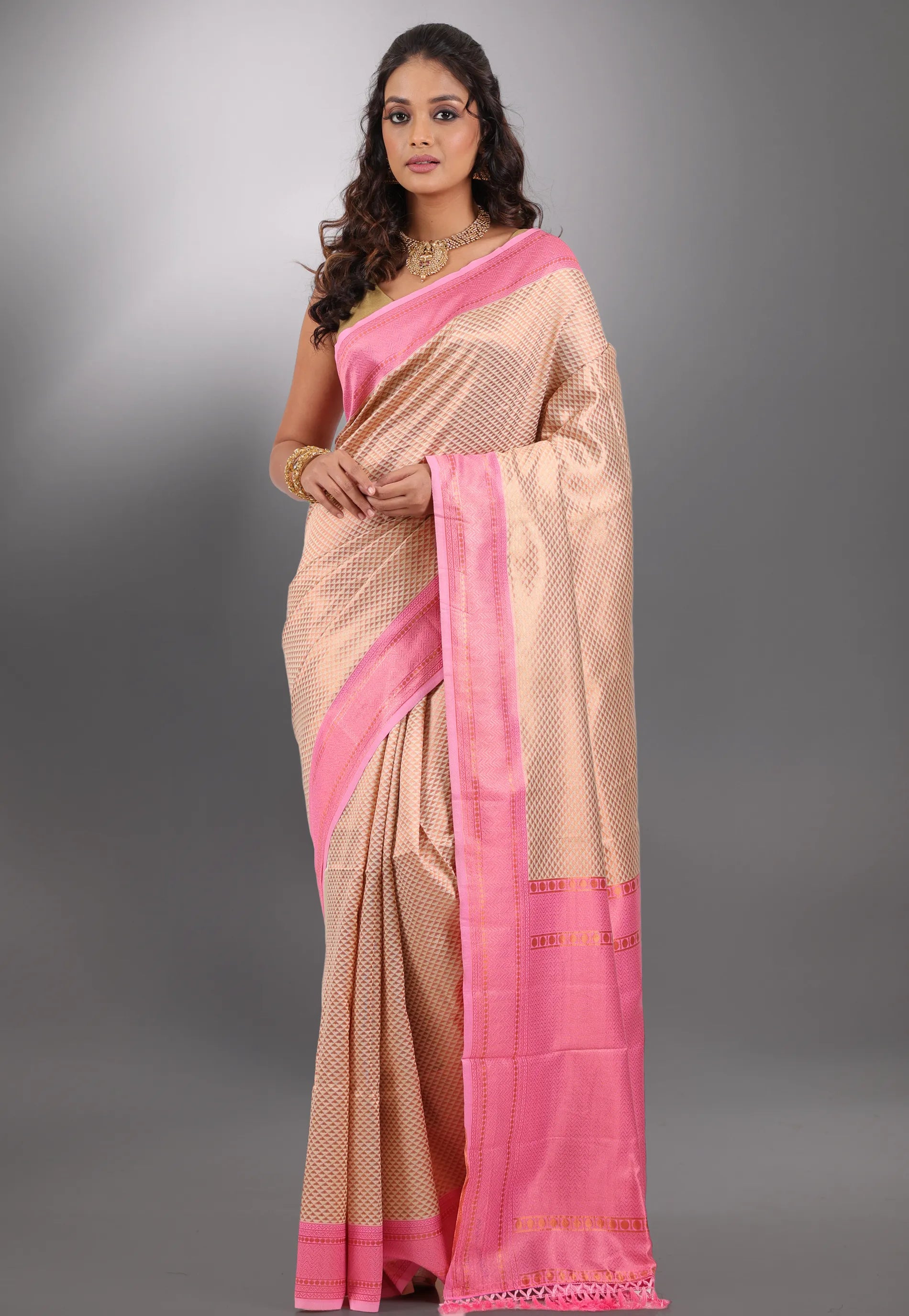 Beige with Zari work Tussar Silk Saree with Blouse Piece - Adi Akshoy & Co.