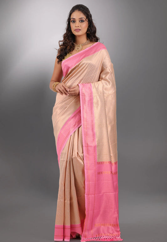 Beige with Zari work Tussar Silk Saree with Blouse Piece - Adi Akshoy & Co.