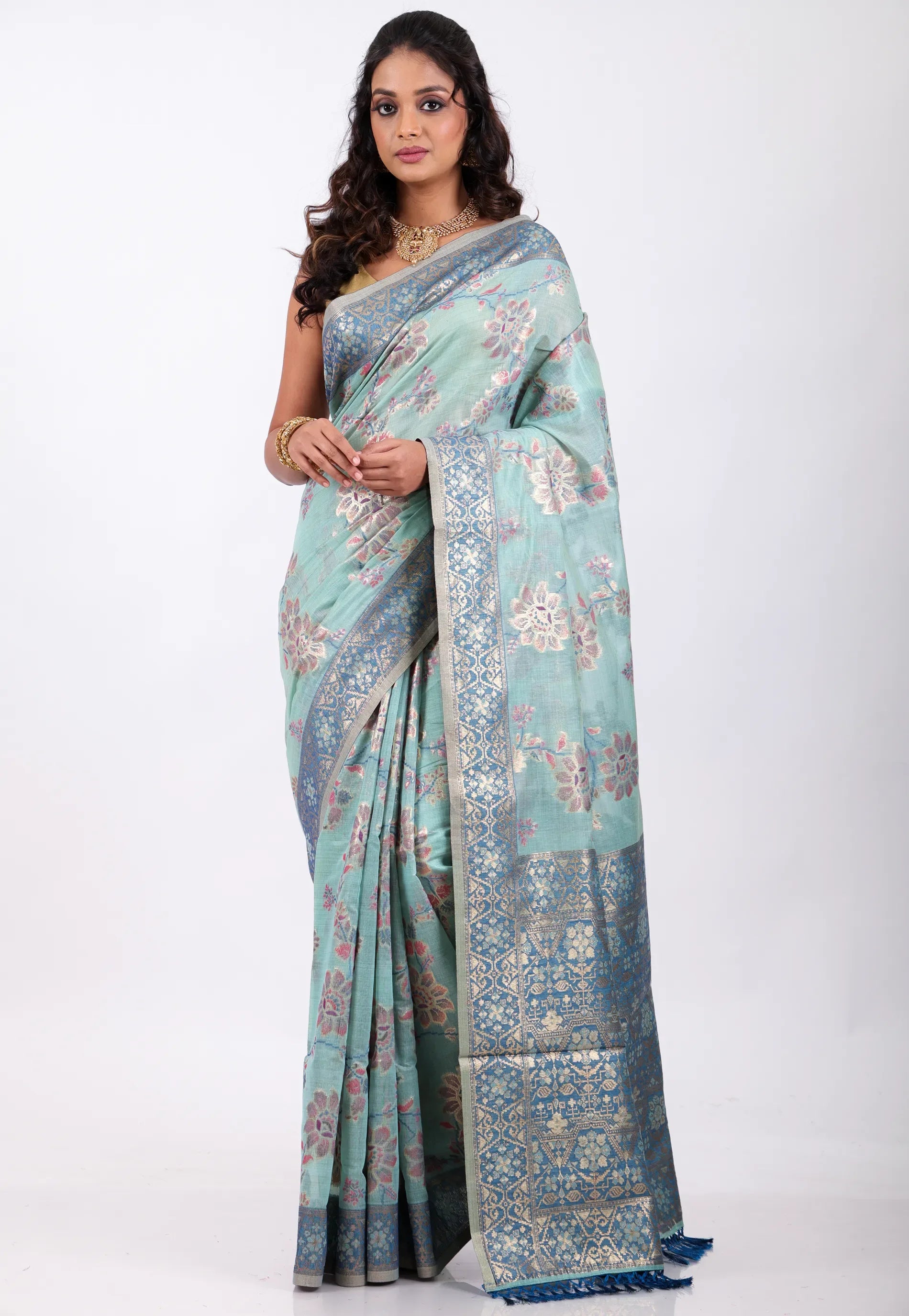 Light Green with Zari work Tussar Silk Saree with Blouse Piece - Adi Akshoy & Co.