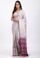 Grey Pure Tussar Dhakai Jamdani Saree with Blouse Piece - Adi Akshoy & Co.