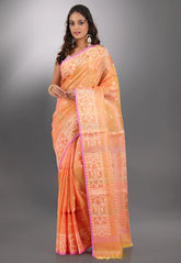 Orange Pure Tussar Dhakai Jamdani Saree with Blouse Piece - Adi Akshoy & Co.