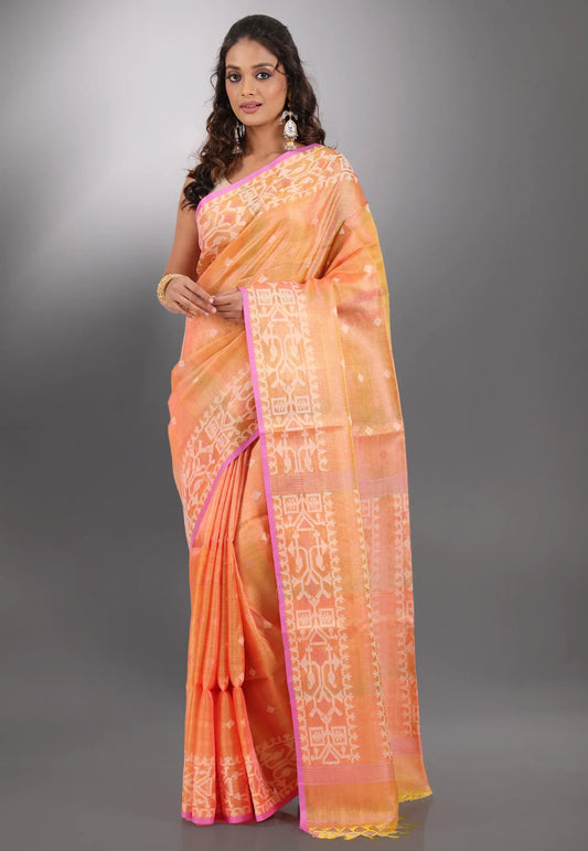 Orange Pure Tussar Dhakai Jamdani Saree with Blouse Piece - Adi Akshoy & Co.