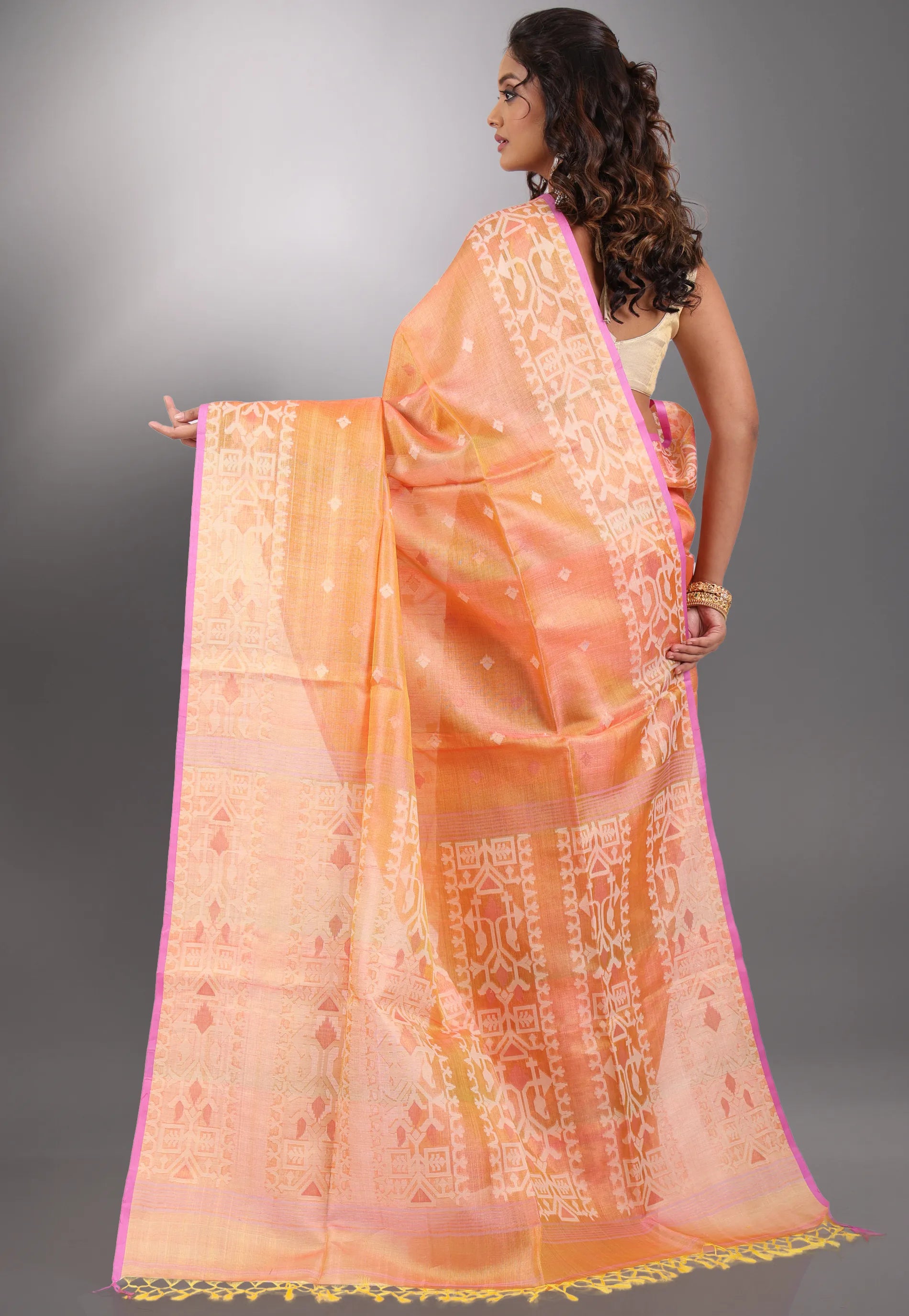 Orange Pure Tussar Dhakai Jamdani Saree with Blouse Piece - Adi Akshoy & Co.