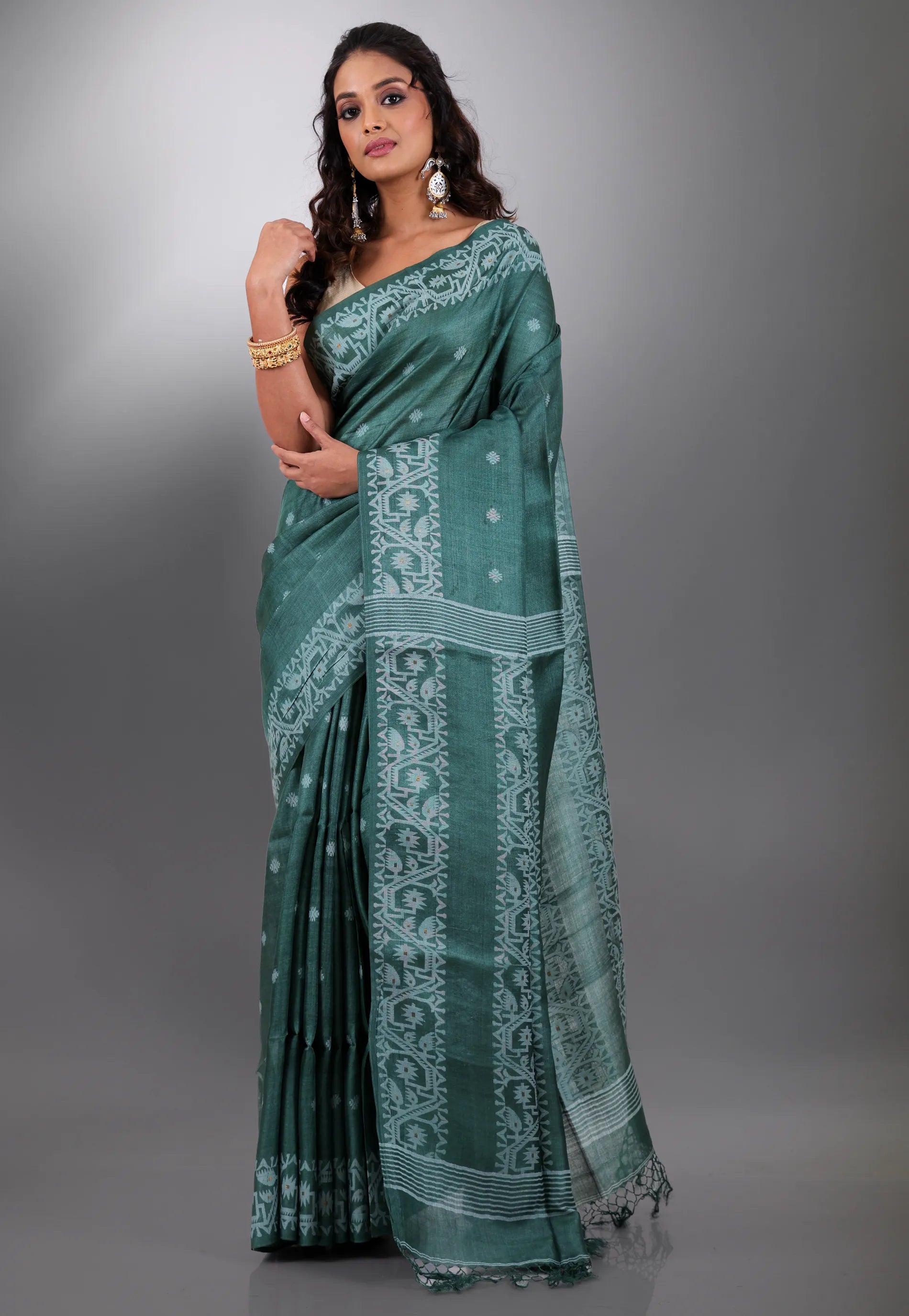 Dark Green Pure Tussar Dhakai Jamdani Saree with Blouse Piece