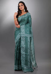 Dark Green Pure Tussar Dhakai Jamdani Saree with Blouse Piece
