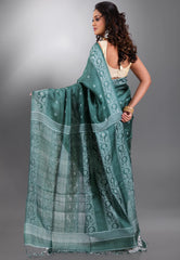 Dark Green Pure Tussar Dhakai Jamdani Saree with Blouse Piece