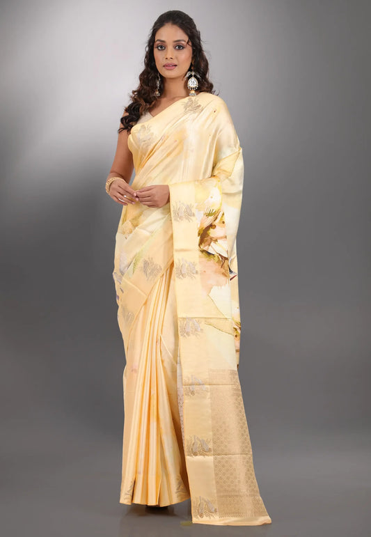 Light Golden Yellow Floral Digital Print Mashru Silk Saree with Blouse Piece - Adi Akshoy & Co.