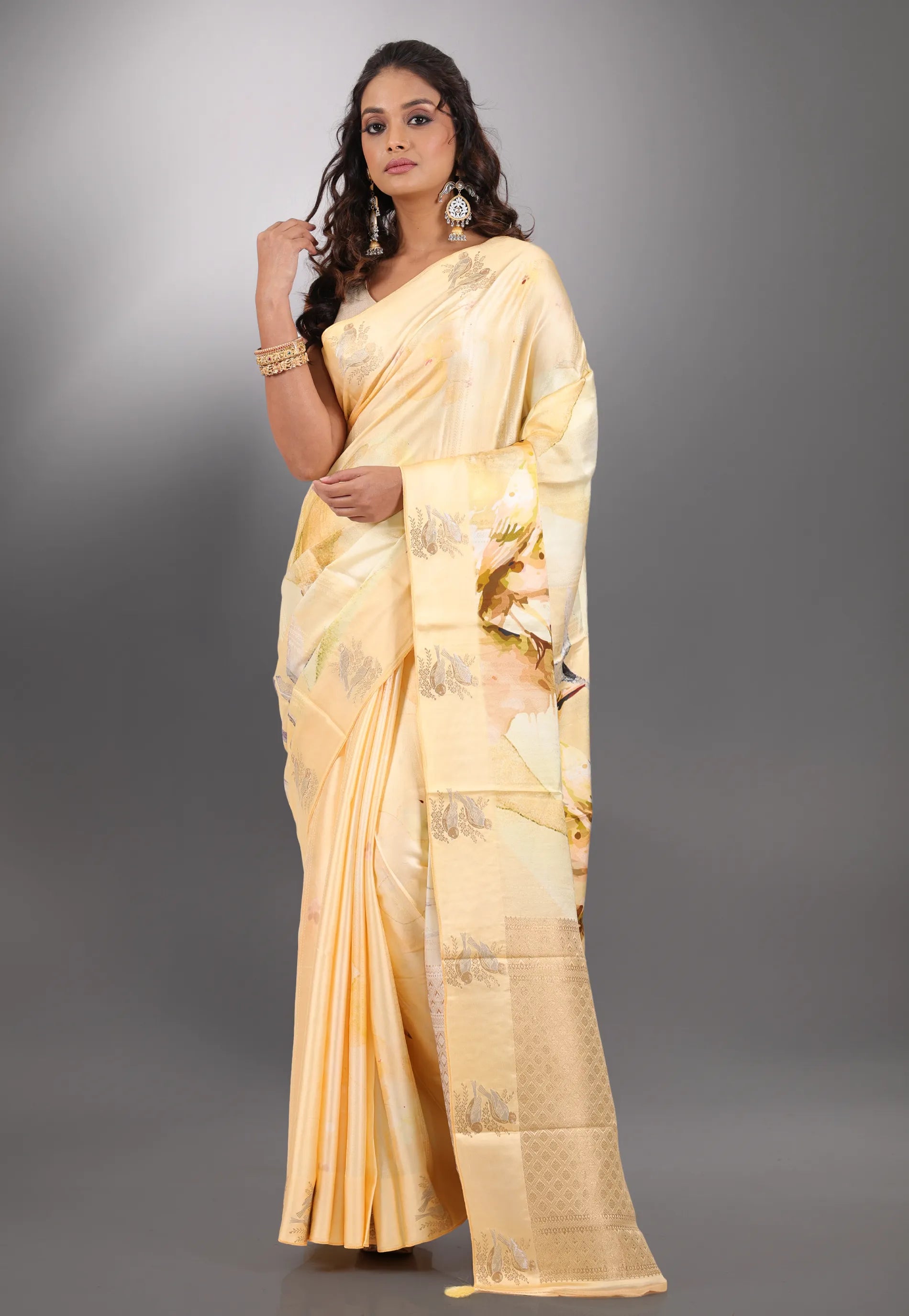 Light Golden Yellow Floral Digital Print Mashru Silk Saree with Blouse Piece - Adi Akshoy & Co.