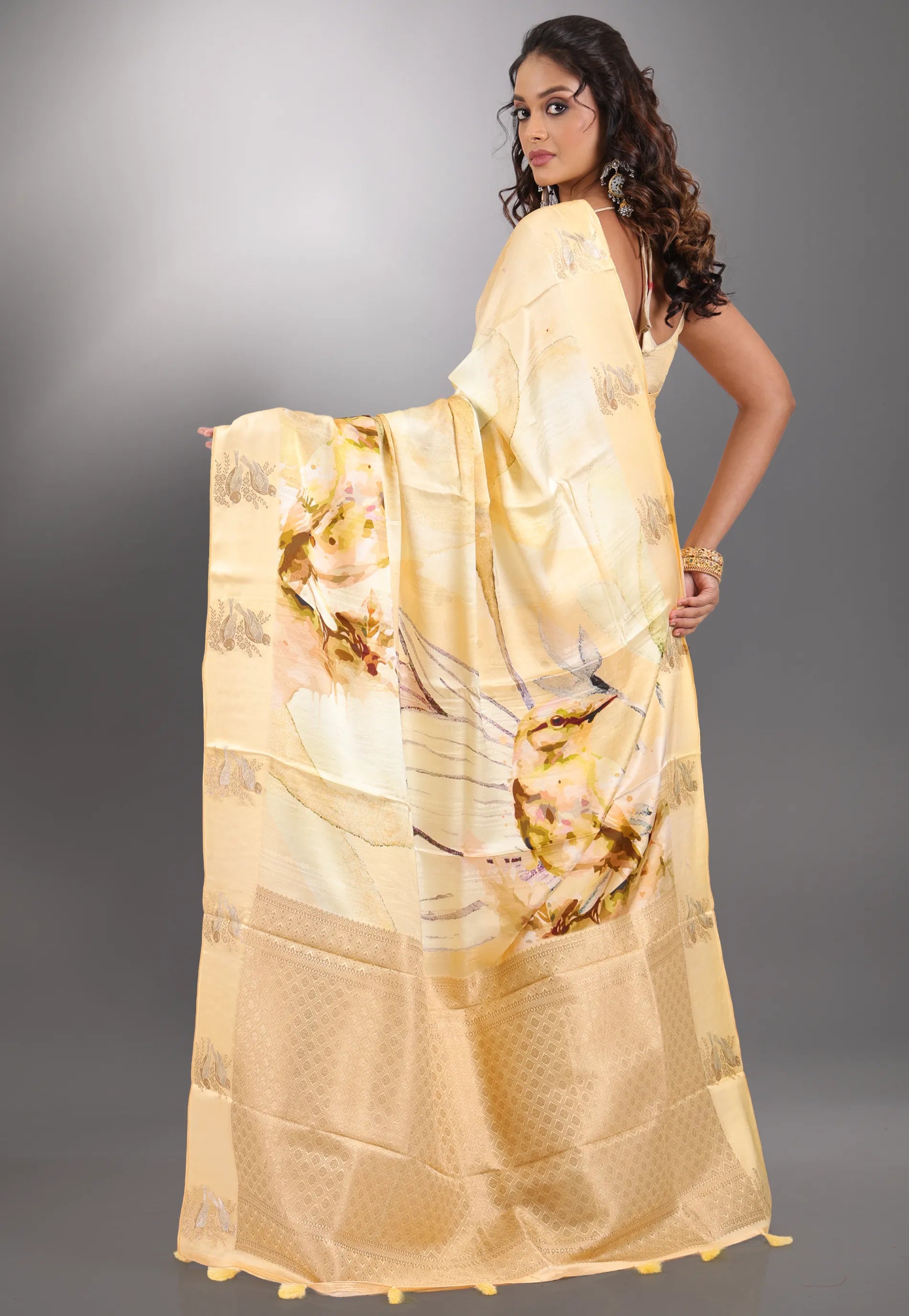 Light Golden Yellow Floral Digital Print Mashru Silk Saree with Blouse Piece - Adi Akshoy & Co.