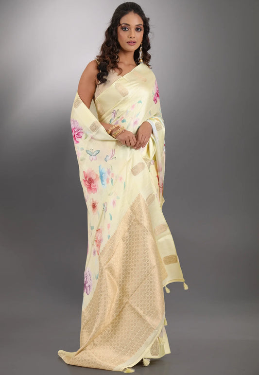 Light Yellow Floral Digital Print Mashru Silk Saree with Blouse Piece - Adi Akshoy & Co.