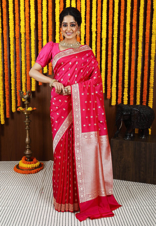 Rani Pink Kadwa Pure Silk Banarasi Saree with Blouse Piece - Adi Akshoy & Co.