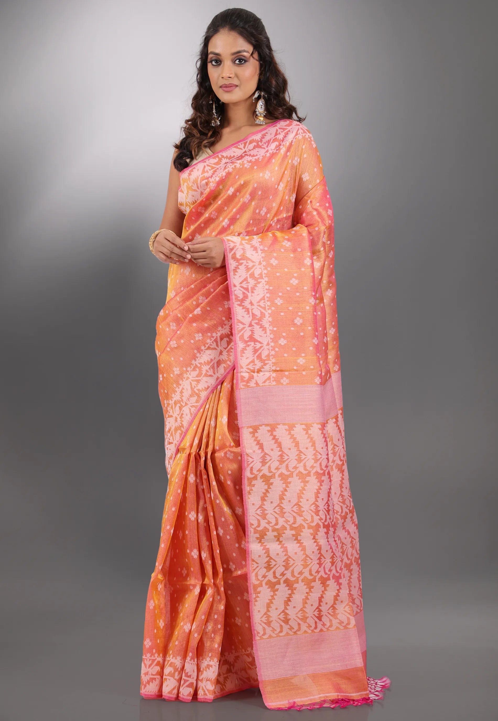 Orange Pure Tussar Dhakai Jamdani Saree with Blouse Piece - Adi Akshoy & Co.