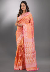 Orange Pure Tussar Dhakai Jamdani Saree with Blouse Piece - Adi Akshoy & Co.