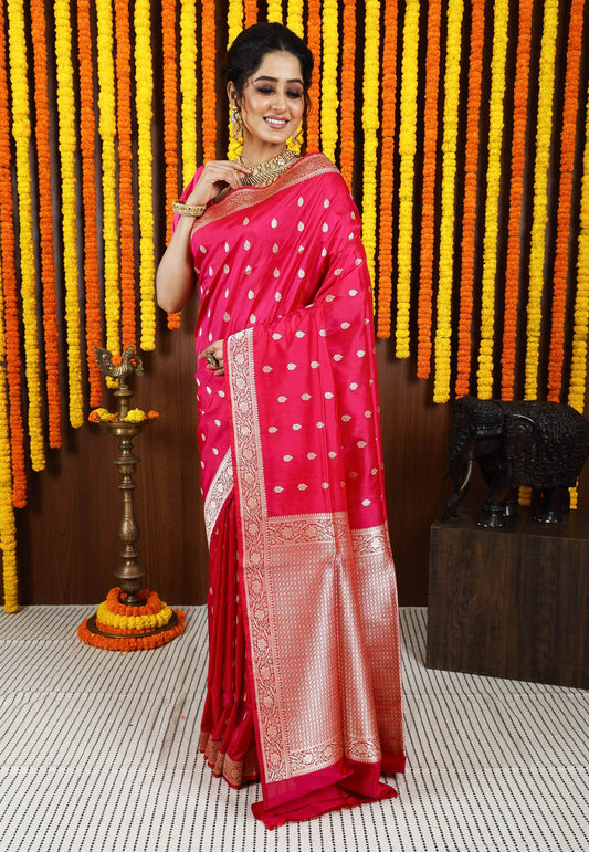 Rani Pink Kadwa Pure Silk Banarasi Saree with Blouse Piece - Adi Akshoy & Co.