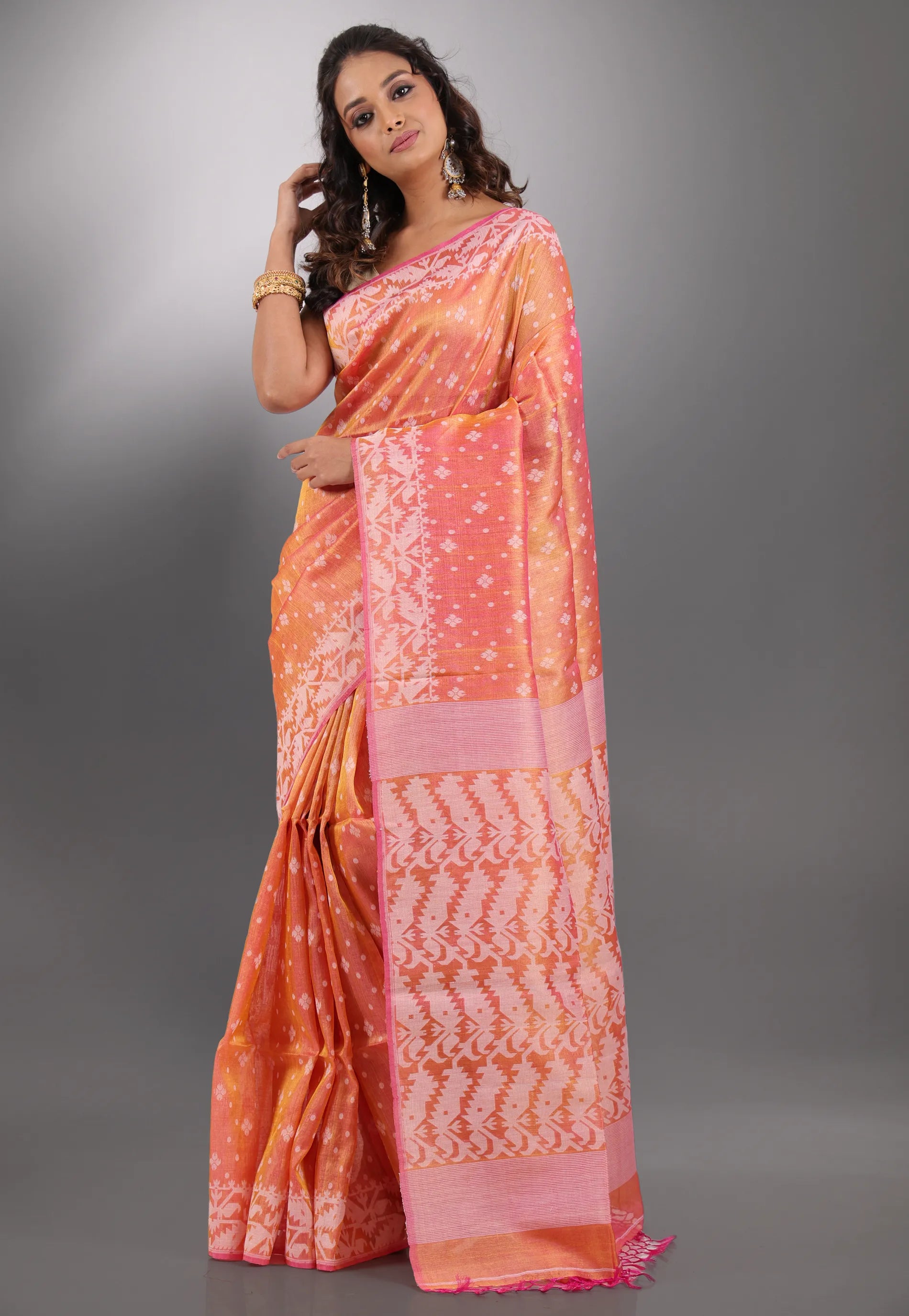 Orange Pure Tussar Dhakai Jamdani Saree with Blouse Piece - Adi Akshoy & Co.