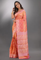 Orange Pure Tussar Dhakai Jamdani Saree with Blouse Piece - Adi Akshoy & Co.