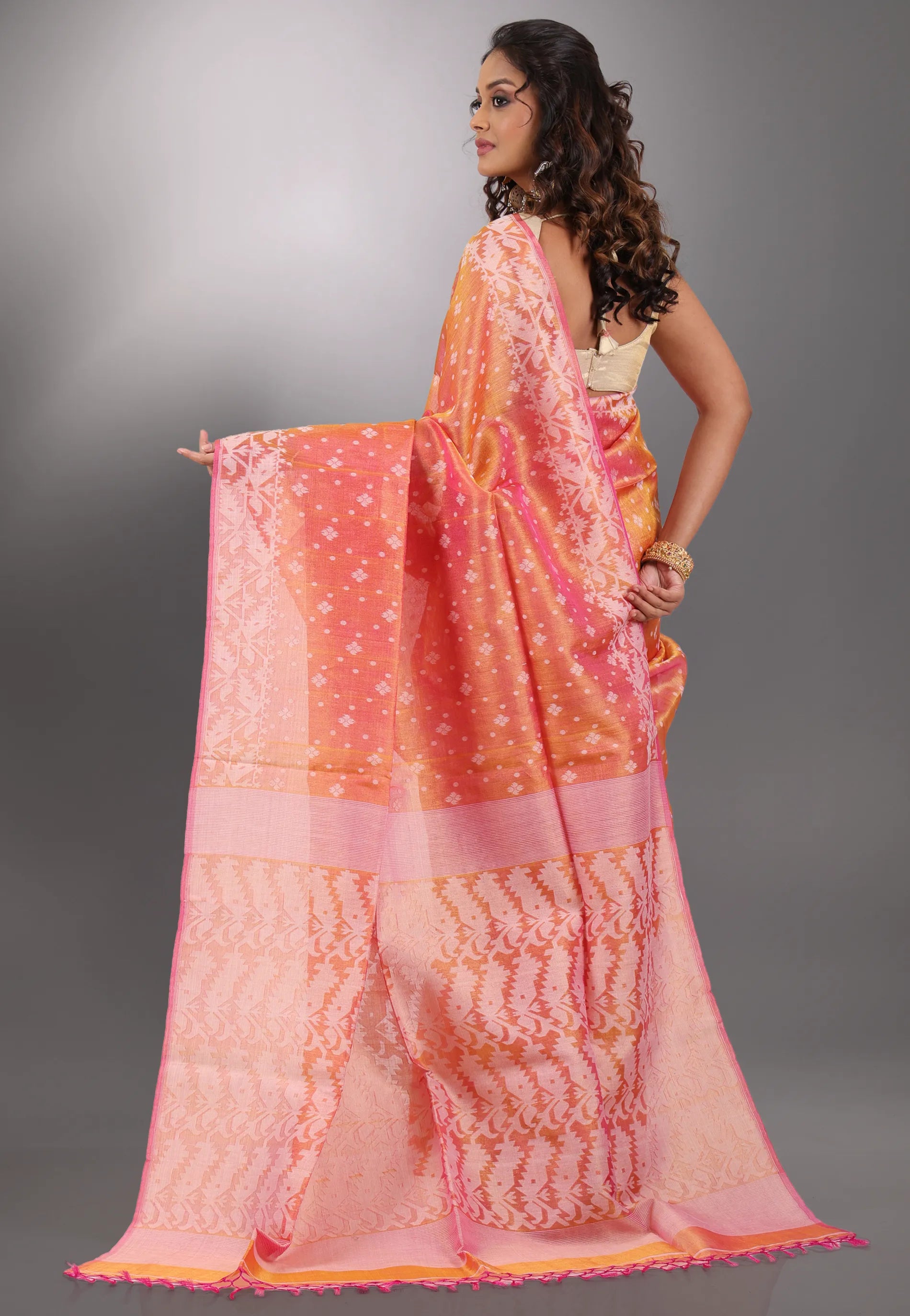 Orange Pure Tussar Dhakai Jamdani Saree with Blouse Piece - Adi Akshoy & Co.