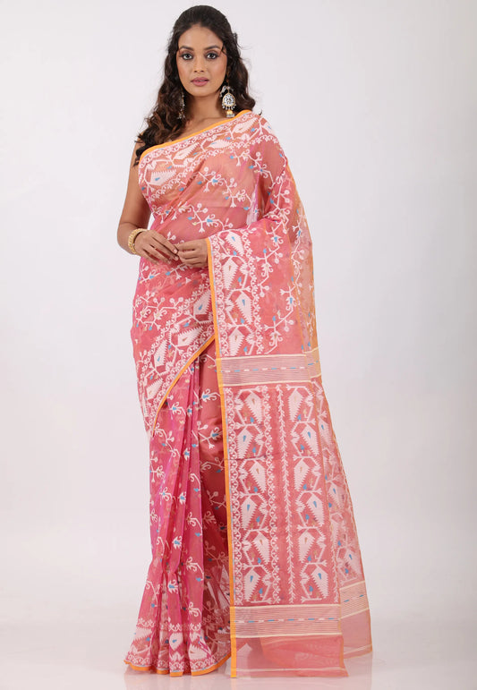 Pink Dhakai Jamdani Cotton Saree without Blouse Piece - Adi Akshoy & Co.