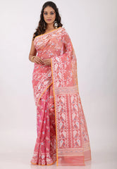 Pink Dhakai Jamdani Cotton Saree without Blouse Piece - Adi Akshoy & Co.