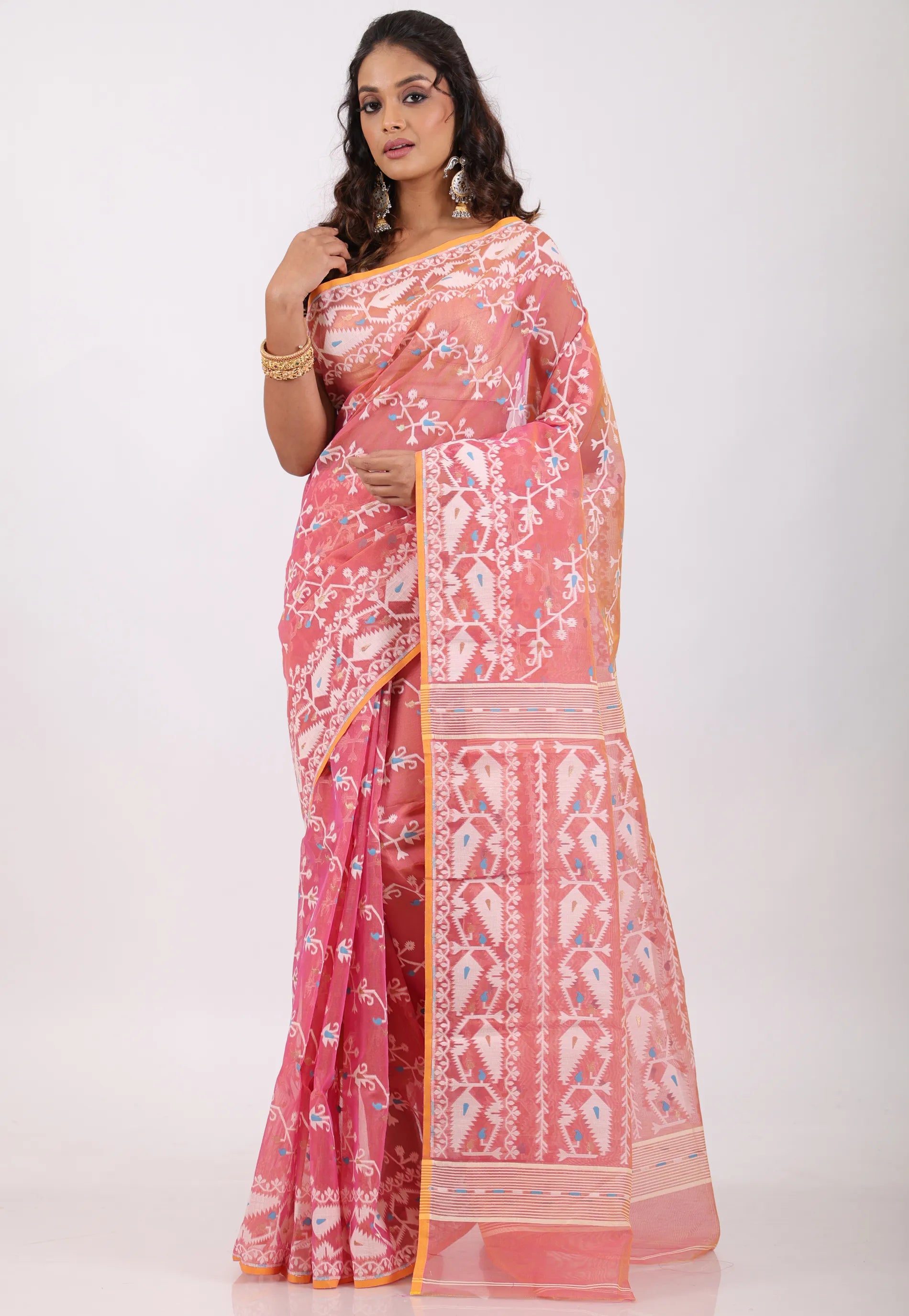 Pink Dhakai Jamdani Cotton Saree without Blouse Piece - Adi Akshoy & Co.