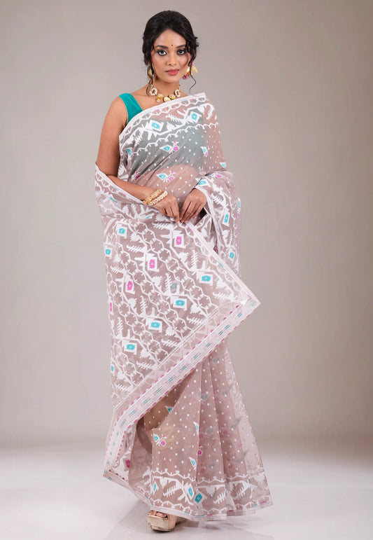 Light Brown Dhakai Jamdani Cotton Saree without Blouse Piece - Adi Akshoy & Co.