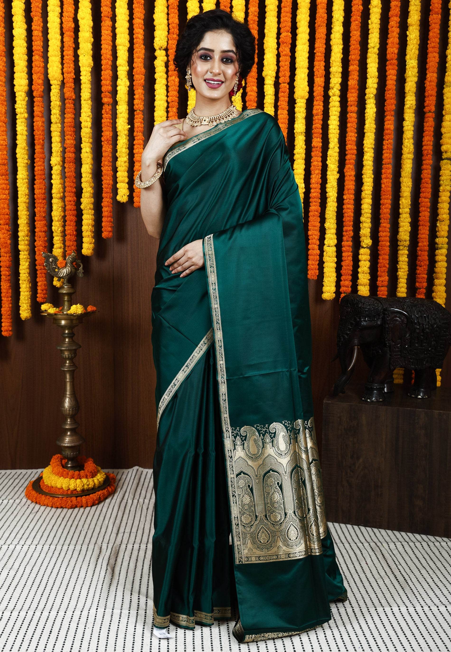 Bottle Green Kadwa Pure Silk Banarasi Saree with Blouse Piece - Adi Akshoy & Co.