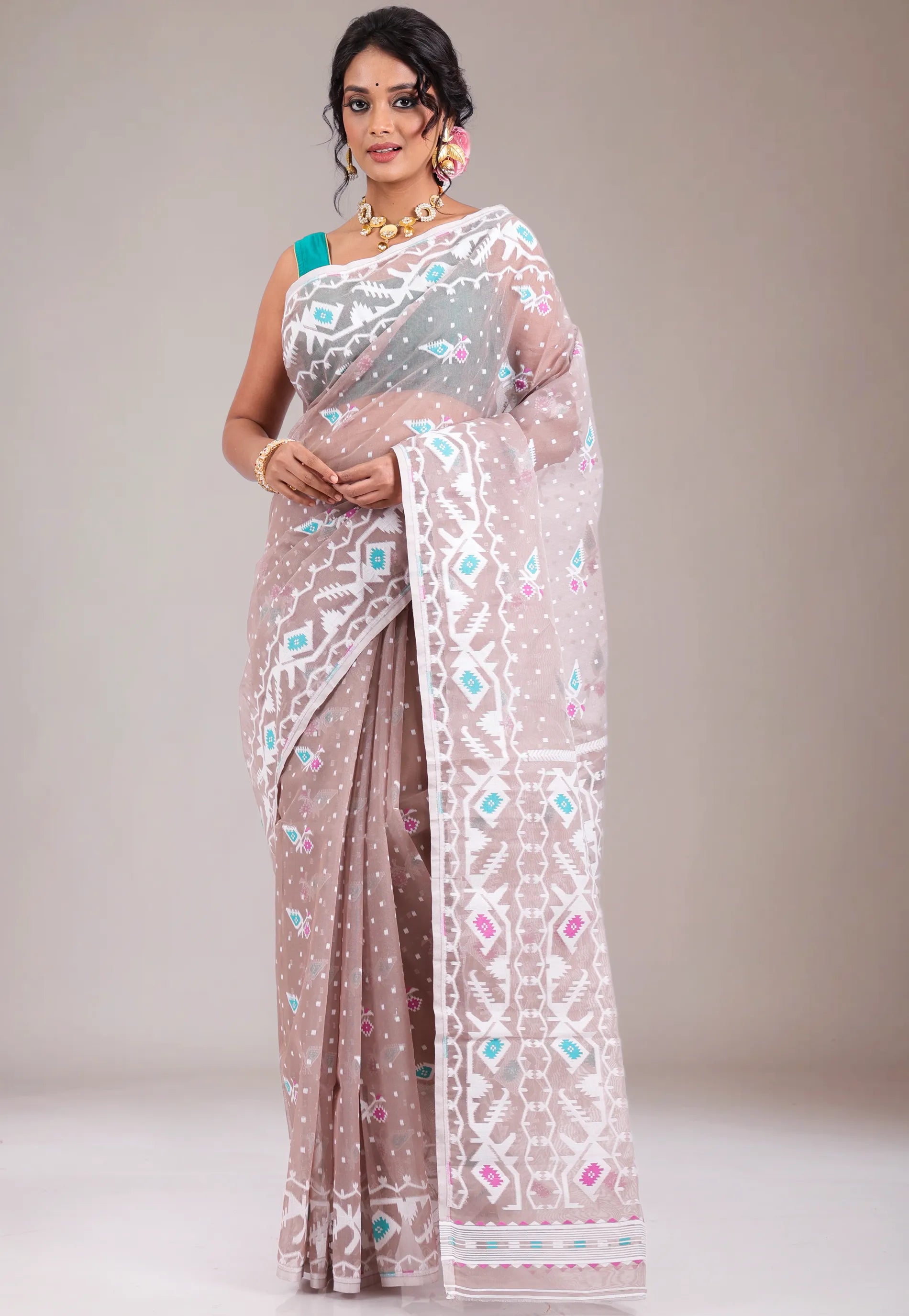 Light Brown Dhakai Jamdani Cotton Saree without Blouse Piece - Adi Akshoy & Co.