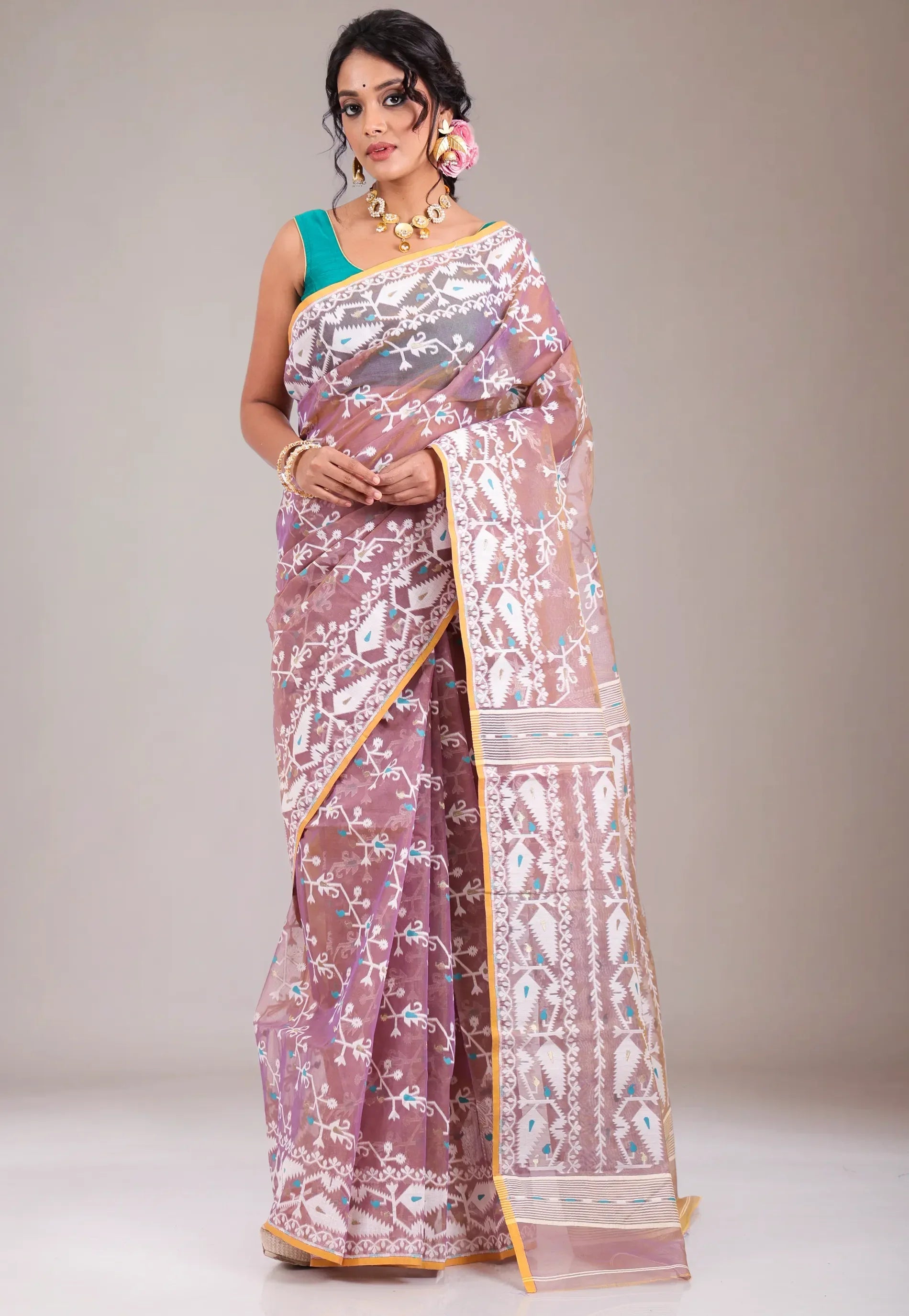 Light Brown Dhakai Jamdani Cotton Saree without Blouse Piece - Adi Akshoy & Co.