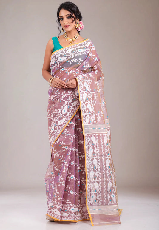 Light Brown Dhakai Jamdani Cotton Saree without Blouse Piece - Adi Akshoy & Co.