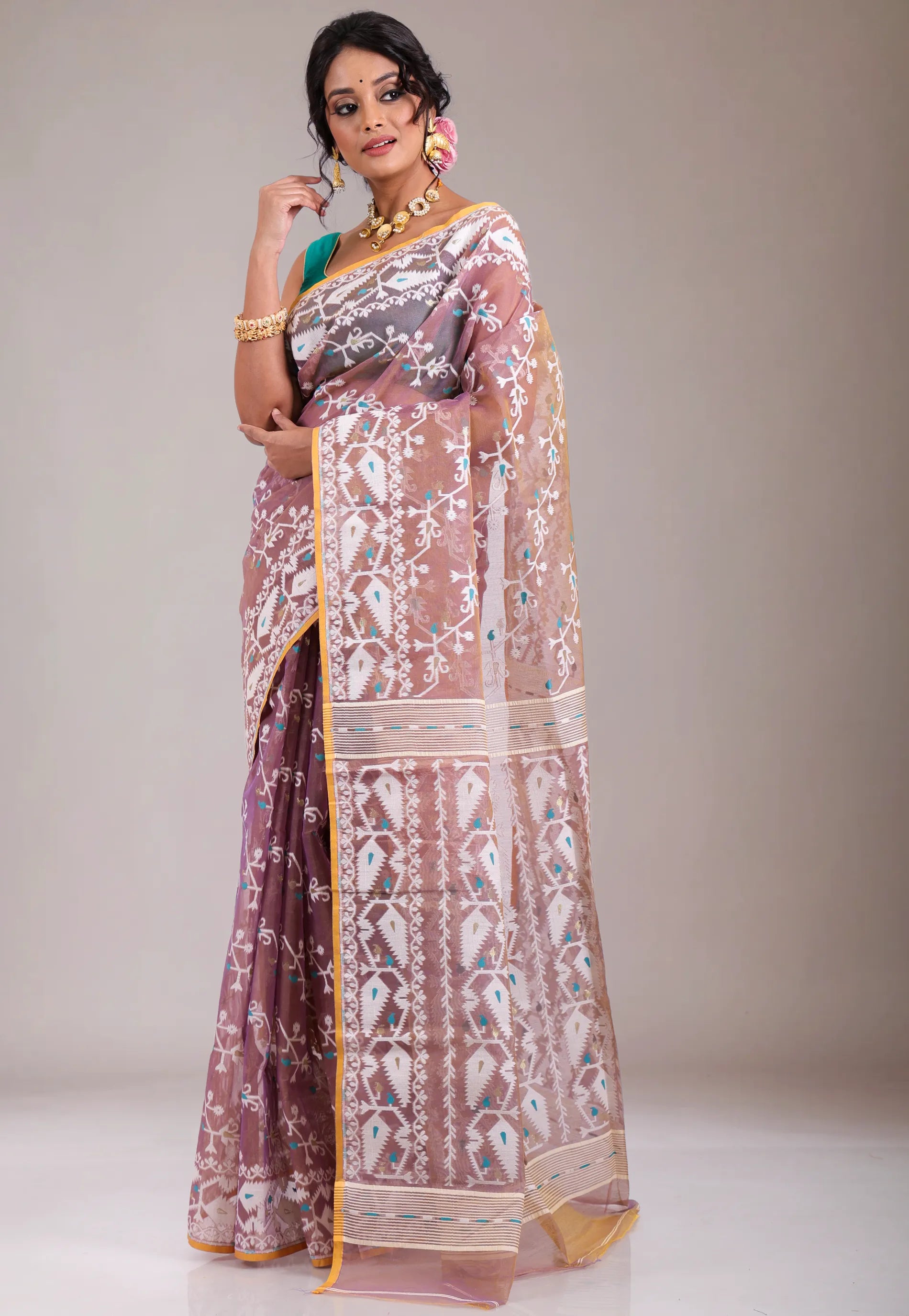 Light Brown Dhakai Jamdani Cotton Saree without Blouse Piece - Adi Akshoy & Co.