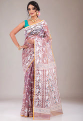 Light Brown Dhakai Jamdani Cotton Saree without Blouse Piece - Adi Akshoy & Co.
