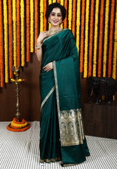 Bottle Green Kadwa Pure Silk Banarasi Saree with Blouse Piece - Adi Akshoy & Co.
