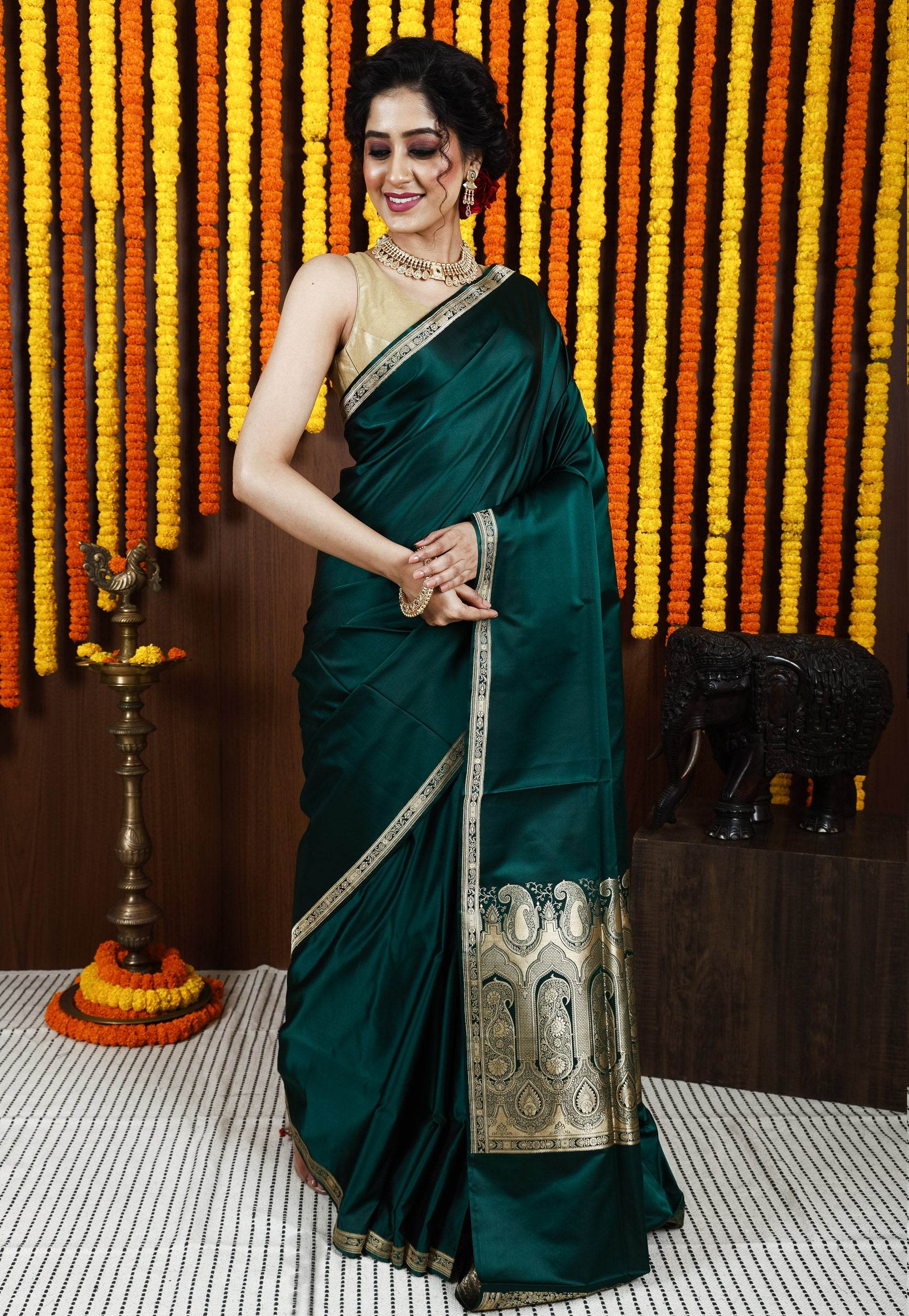 Bottle Green Kadwa Pure Silk Banarasi Saree with Blouse Piece - Adi Akshoy & Co.